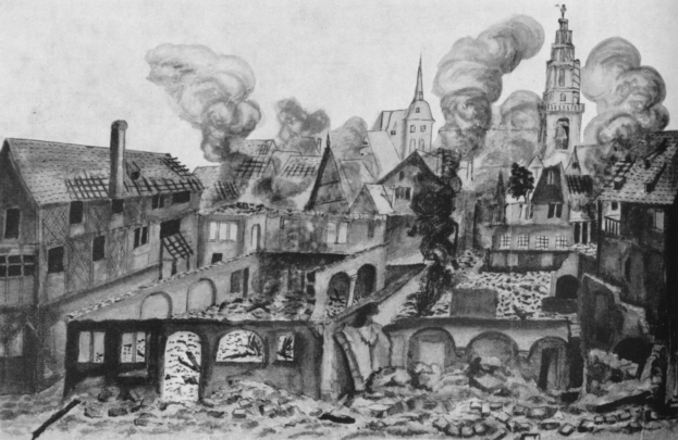 Eine Schwarz-Weiß-Zeichnung einer zerstörten Stadt mit Rauch, der aus den Schornsteinen aufsteigt und Trümmern, die über den Boden verstreut sind, zeigt die Nachwirkungen der Deutschen Revolution.