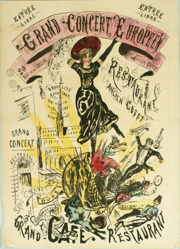 Ein Plakat wirbt für ein großes Konzert in Paris, das eine Zeichnung einer Frau in einem Kleid und Hut zeigt, umgeben von Bildern von Menschen, Gebäuden und anderen Gegenständen, mit Text, der das Ereignis beschreibt.