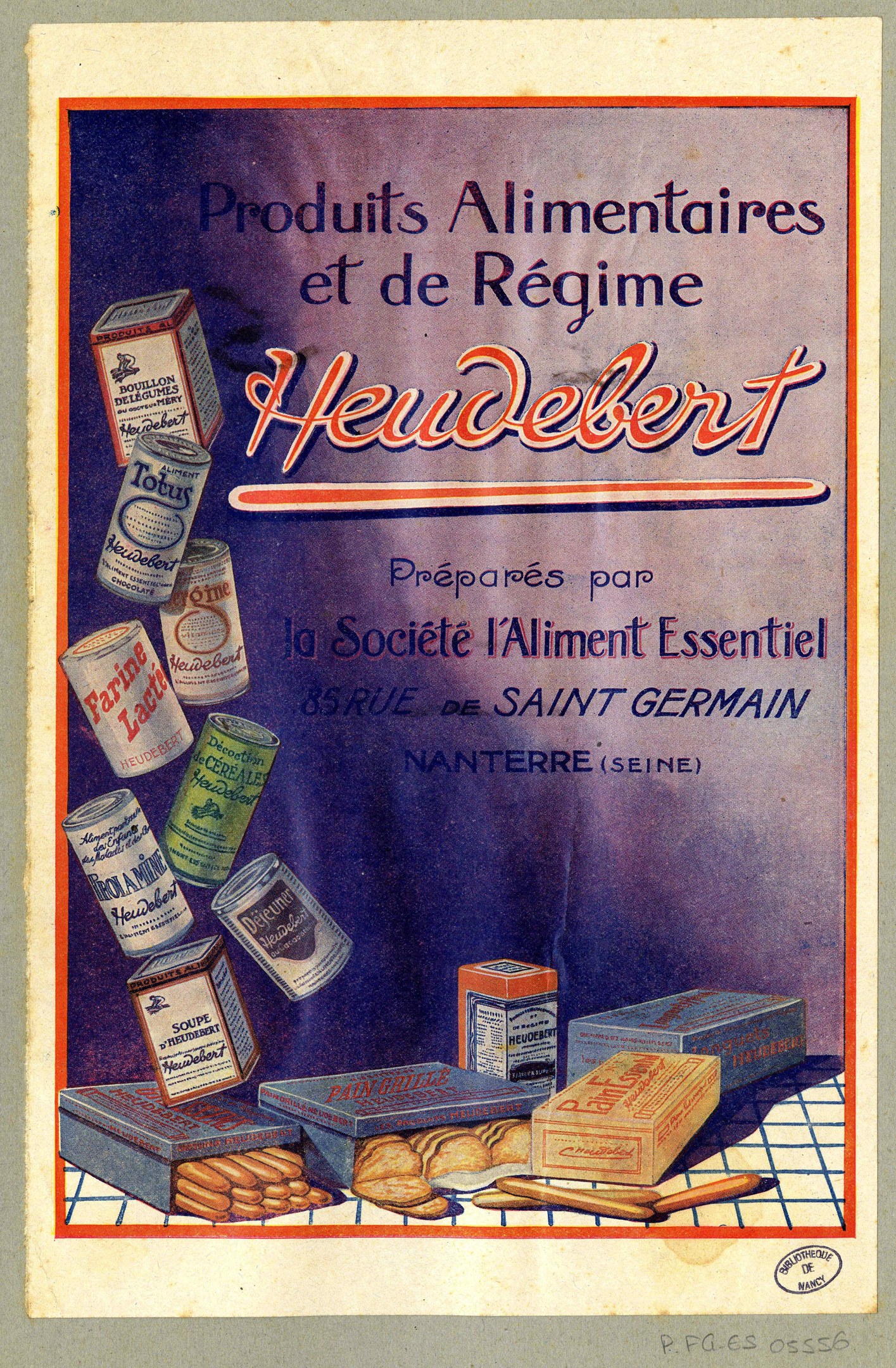 Plakat mit der Aufschrift "Heidelberg - Produkte Alimentaires et de Régime Heidelberg" mit verschiedenen Lebensmitteln und Verpackungen.