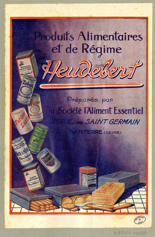 Plakat mit der Aufschrift "Heidelberg - Produkte Alimentaires et de Régime Heidelberg" mit verschiedenen Lebensmitteln und Verpackungen.