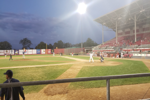 Baseballspiel in einem Stadion mit Zuschauern auf den Rängen, Bäumen, Masten, Lichtern, Werbetafeln und einem klaren blauen Himmel im Hintergrund.