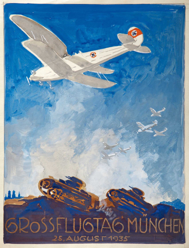 Plakatankündigung für eine Luftschau in München am 25. August 1935, das Flugzeuge am Himmel zeigt, mit zusätzlichen Flugzeugen im Hintergrund.