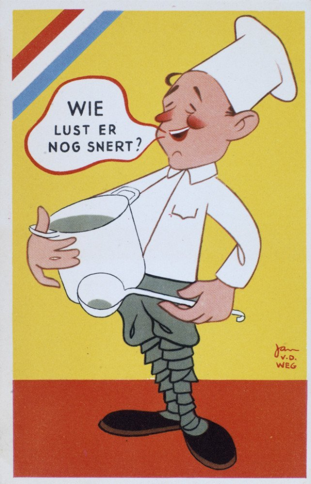 Ein Cartoon-Koch in weißer Uniform und Mütze, der fröhlich eine Schüssel und einen Löffel hält, in einer Küche mit einem Herd und einem Waschbecken im Hintergrund.