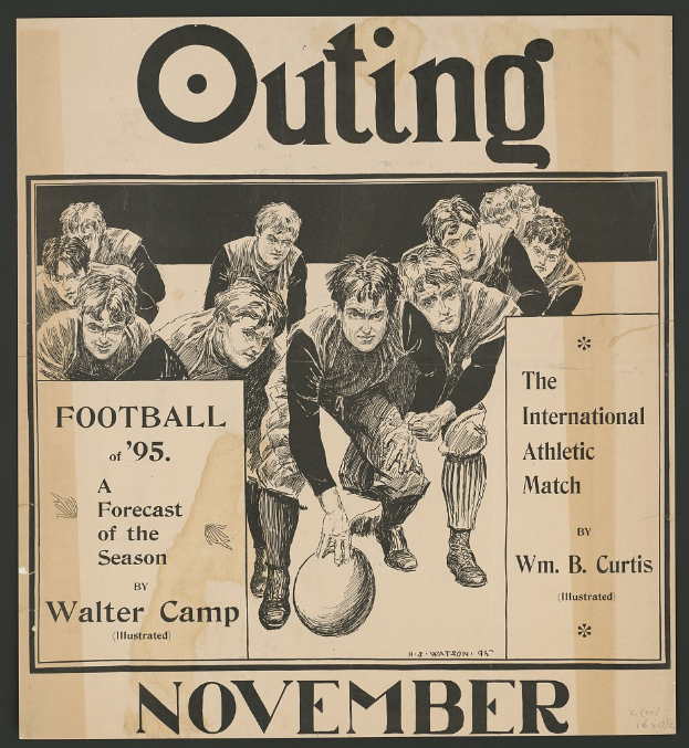 Schwarzes Plakat mit der Aufschrift "Fußballouting von '95: Eine Saisonvorschau" zeigt eine Gruppe von Menschen, wahrscheinlich eine Ankündigung für ein Fußballspiel.