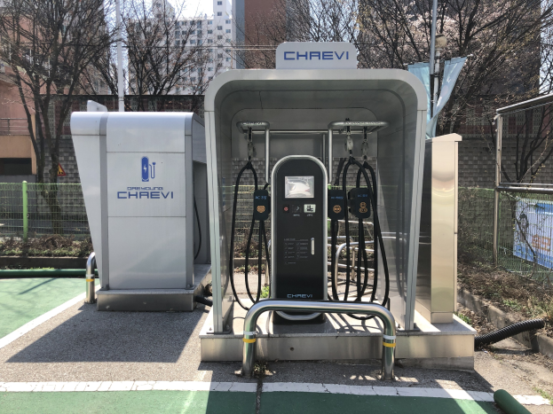 Elektroauto-Ladestation in einem Park, umgeben von einem Metallzaun, mit einer Fahne, Masten, Bäumen, Pflanzen, Gras, Gebäuden und einem bewölktem Himmel.