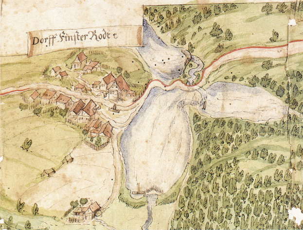 Alte Karte einer Kleinstadt mit einem Fluss, Häusern, Bäumen und Gras, mit Text auf dem Papier.