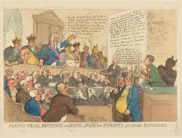 Cartoon-Illustration einer Gerichtsszene mit dem Titel "Boney's Trial, Sentence, and Dying Speech Europe's Injuries Revenged", die eine Gruppe von Menschen mit einem zentralen stehenden Mann und einem Tisch mit Gegenständen auf der rechten Seite zeigt.