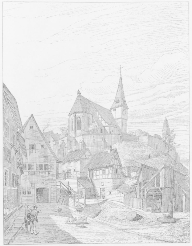 Eine Schwarz-Weiß-Zeichnung einer Straßen Szene in Heidelberg, Deutschland, mit der Kirche der Heiligen Dreifaltigkeit im Hintergrund, umgeben von Gebäuden, Menschen, Tieren, Bäumen und einem Himmel, mit Text unten lesend "Die Kirche der Heiligen Dreifaltigkeit in der Altstadt von Heidelberg, Deutschland".