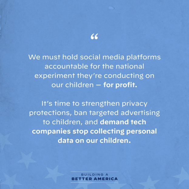 Plakat mit einem Zitat aus Building a Better America, das besagt, dass soziale Medien für das Experiment, das sie an Kindern durchführen, zur Verantwortung gezogen werden sollten, dekoriert mit Sternen.