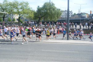 Gruppe von Menschen, die bei einem Marathon auf einer Straße mit Absperrungen, Zuschauern und einer Ziellinienflagge laufen.