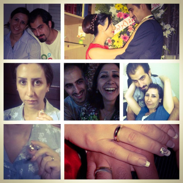 Ein Collage von Fotos, die einen Mann und eine Frau mit Eheringen zeigen, mit floralen und dekorativen Hintergründen.