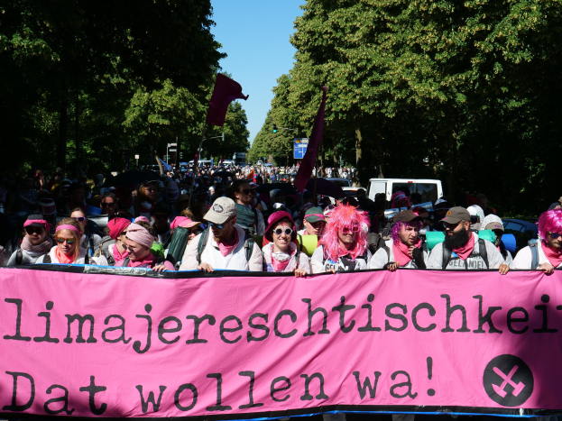 Eine Gruppe von Menschen marschiert die Straße entlang, hölt eine rosa Banner mit der Aufschrift 'Frauenmarsch in Berlin', wobei einige Mötze und Schutzbrillen tragen und andere Fahnen halten, vor dem Hintergrund von Bäumen, Fahrzeugen und Himmel.