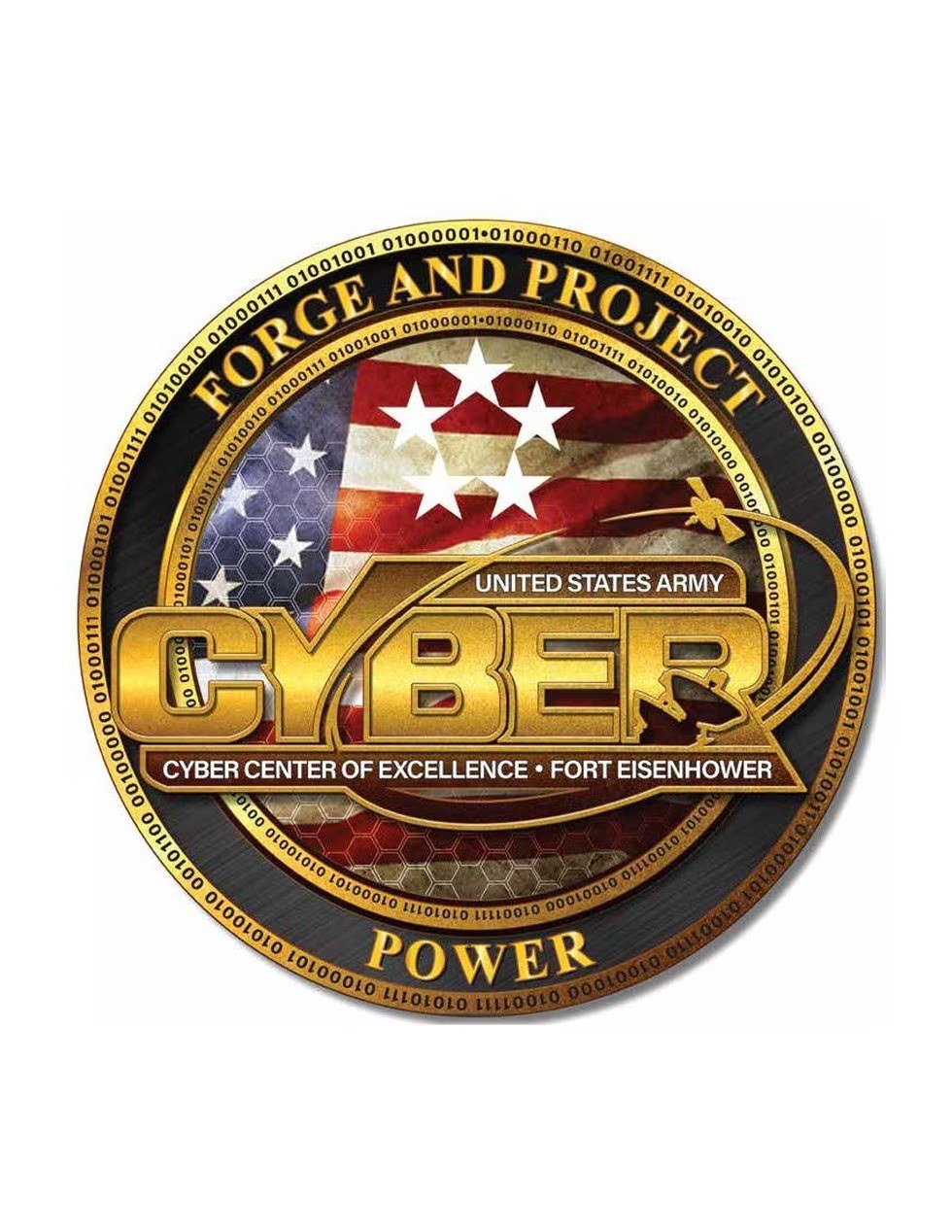 Logo des United States Army Cyber Center of Excellence, Fort Eisenhower, mit einem blauen Kreis mit einem weißen Stern und der Inschrift "Forge and Project Cyber Power" darunter in fetter schwarzer Schrift.