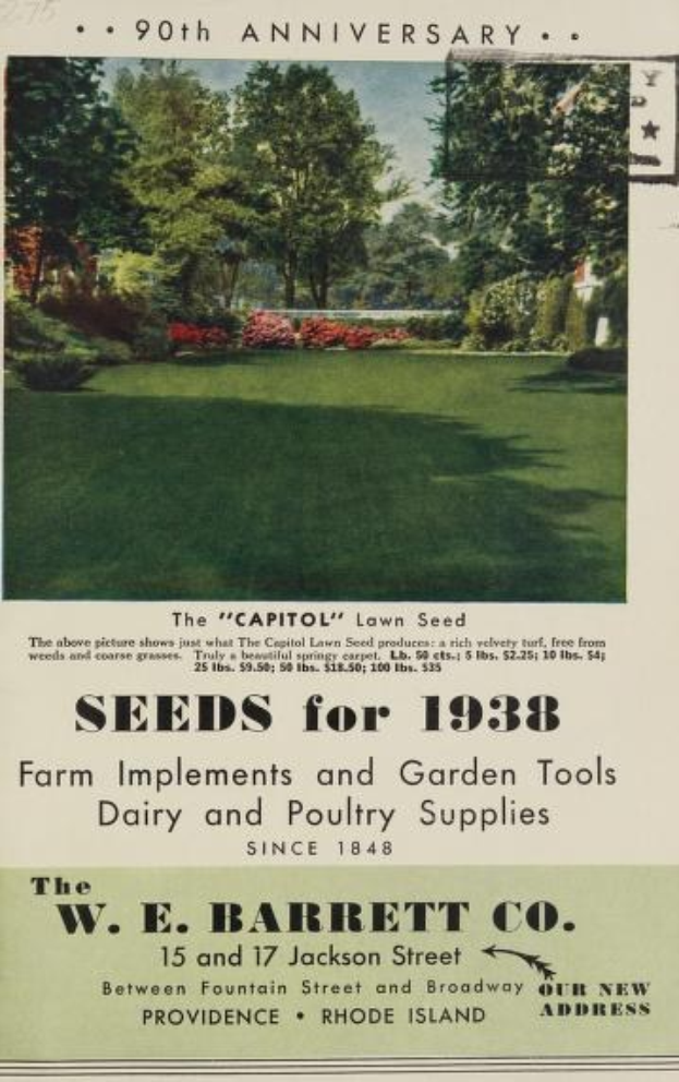 Anzeige für W.E. Barrett Co. Saatgut und Farmgeräte aus dem Jahr 1938, mit einer Illustration von Bäumen, Pflanzen und Gras.