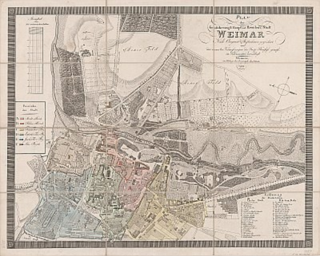 Ausführliche alte Karte von Weimar, Deutschland, zeigt Straßen, Gebäude und Sehenswürdigkeiten mit begleitendem Text über die Stadt.