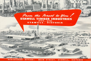 Eine Anzeige von Stawell Timber Industries aus dem Jahr 1953 mit Gebäuden, Bäumen, Fahrzeugen und Holzstämmen.