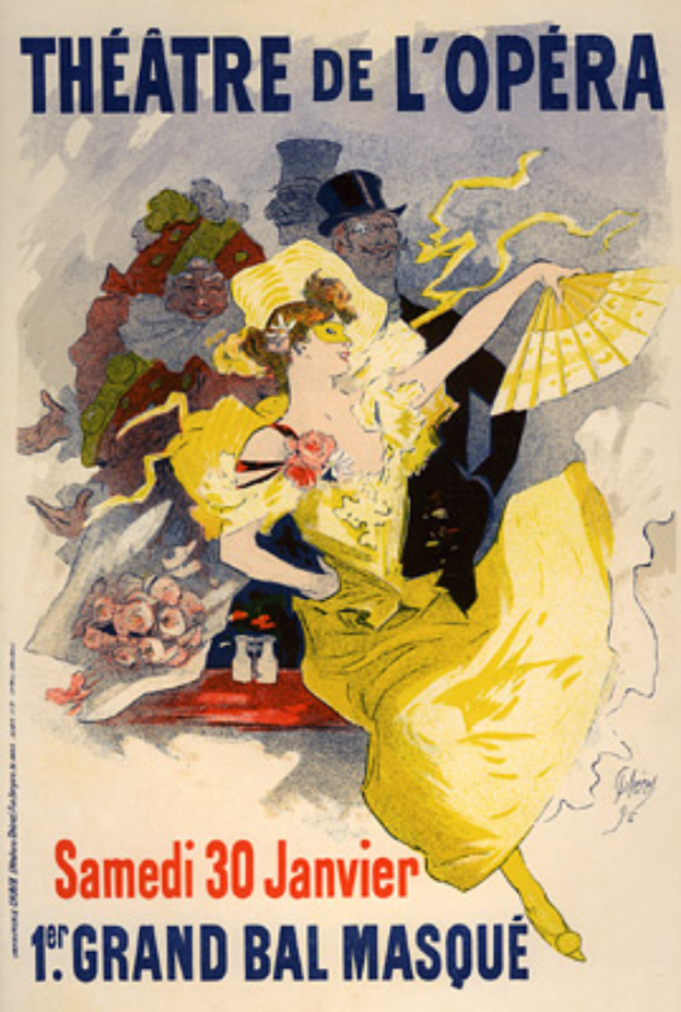 Ein Plakat, das das Théâtre de l'Opéra in Paris ankündigt und eine Frau in einem gelben Kleid zeigt, die von anderen Menschen umgeben ist und Text enthält.