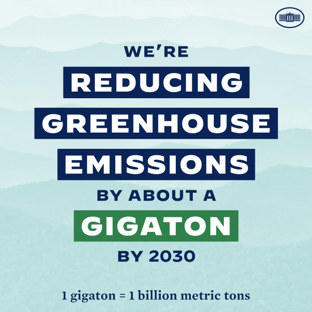 Plakat mit Text und Logo, das "Wir reduzieren die Treibhausgasemissionen bis 2030 um etwa eine Gigatonne." zeigt