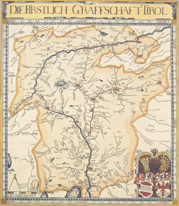 Eine detaillierte historische Karte der ersten deutschen Grafschaft Tirol mit geographischen Merkmalen wie Flüssen, Bergen und Städten sowie begleitendem Text.