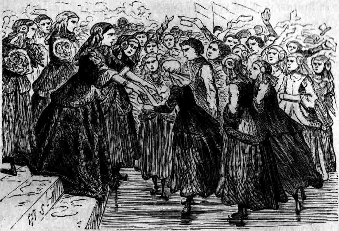 Schwarze und weiße Zeichnung von Frauen, die vor einem Publikum tanzen, mit einer Treppe links und dem Text "Victorian Women's Day" unten.