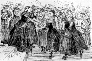 Schwarze und weiße Zeichnung von Frauen, die vor einem Publikum tanzen, mit einer Treppe links und dem Text "Victorian Women's Day" unten.