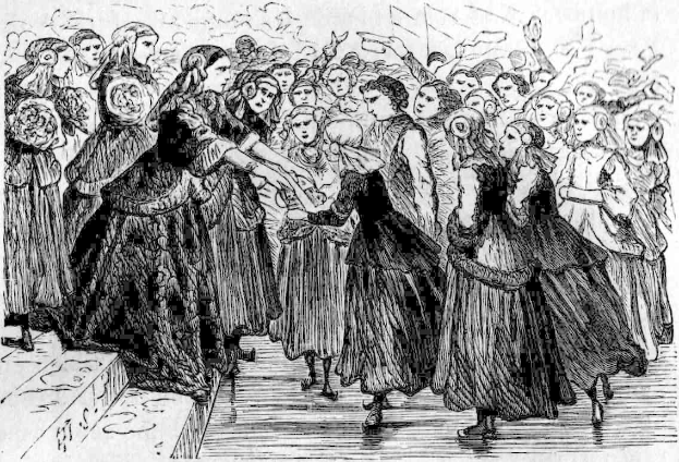 Schwarze und weiße Zeichnung von Frauen, die vor einem Publikum tanzen, mit einer Treppe links und dem Text "Victorian Women's Day" unten.