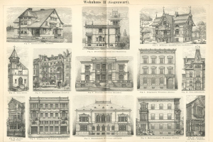 Eine Buchseite mit verschiedenen Gebäuden in unterschiedlichen Architekturstilen neben beschreibendem Text.