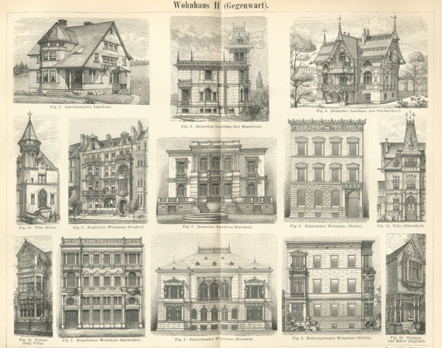 Eine Buchseite mit verschiedenen Gebäuden in unterschiedlichen Architekturstilen neben beschreibendem Text.