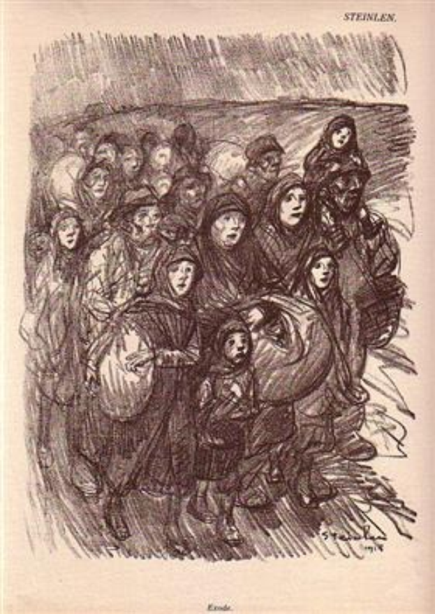 Eine Zeichnung von Flüchtlingen, die vor einer Menge stehen, mit Text oben und unten auf dem Papier.