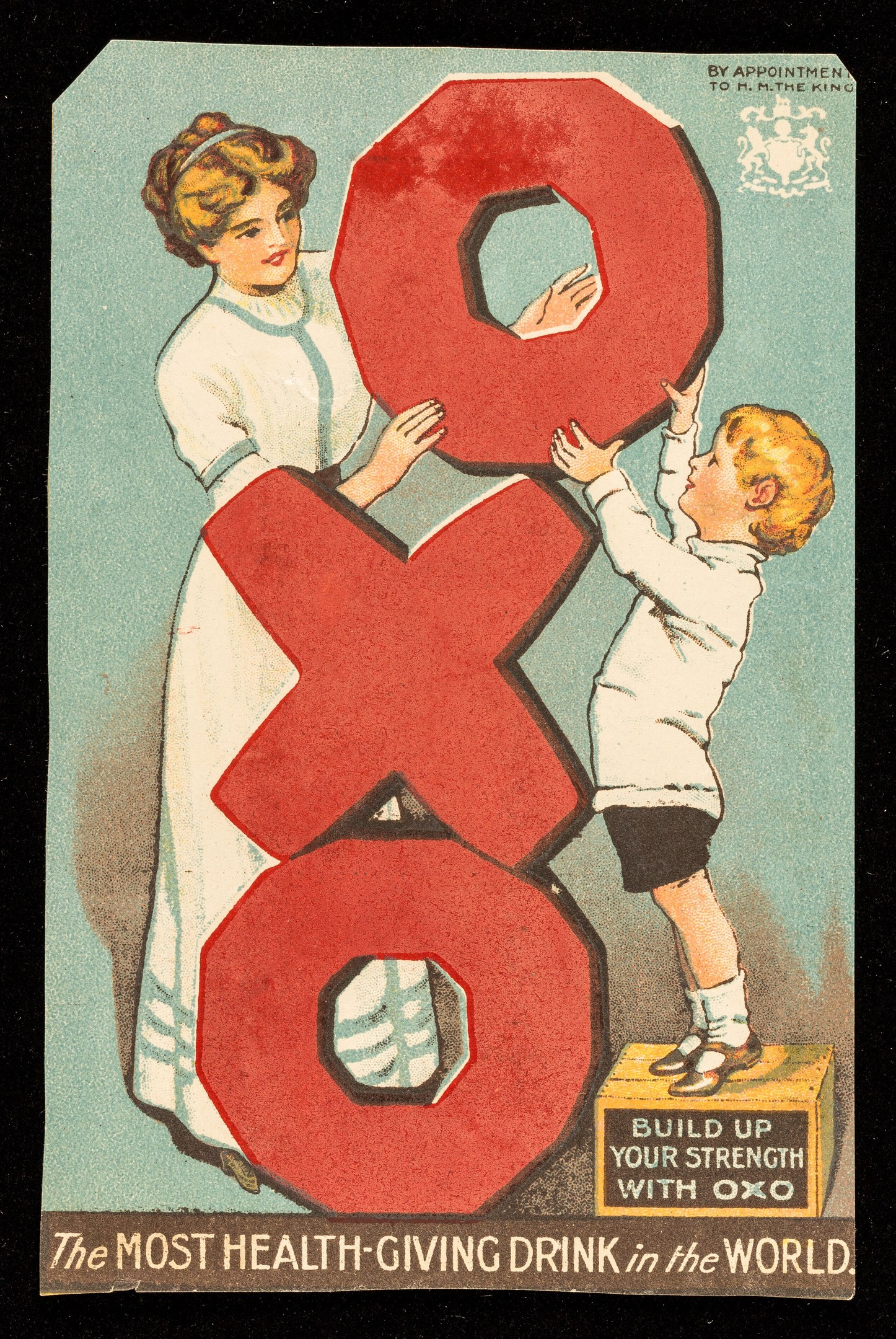 Ein Plakat, das eine Frau und einen Jungen zeigt, die nebeneinander stehen und jeweils eine große Zahl halten, mit der Aufschrift "Das gesündeste Getränk der Welt" und hellen, fröhlichen Farben.