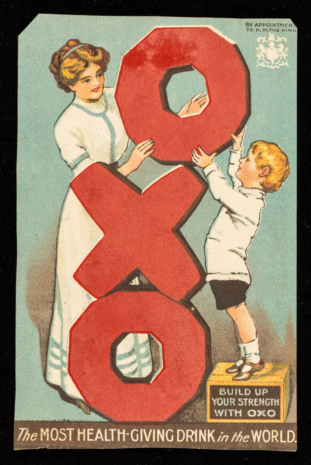 Ein Plakat, das eine Frau und einen Jungen zeigt, die nebeneinander stehen und jeweils eine große Zahl halten, mit der Aufschrift "Das gesündeste Getränk der Welt" und hellen, fröhlichen Farben.