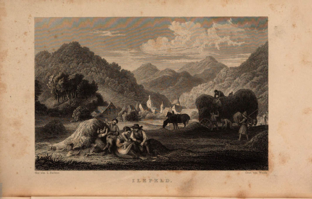 Ein Gravur von einer Bauernszene mit einer Gruppe von Menschen im Vordergrund, umgeben von Bäumen, Hügeln und einem bewölkten Himmel, mit Text unten, der "Gert von Woods - Ilefeld, Deutschland" lautet.